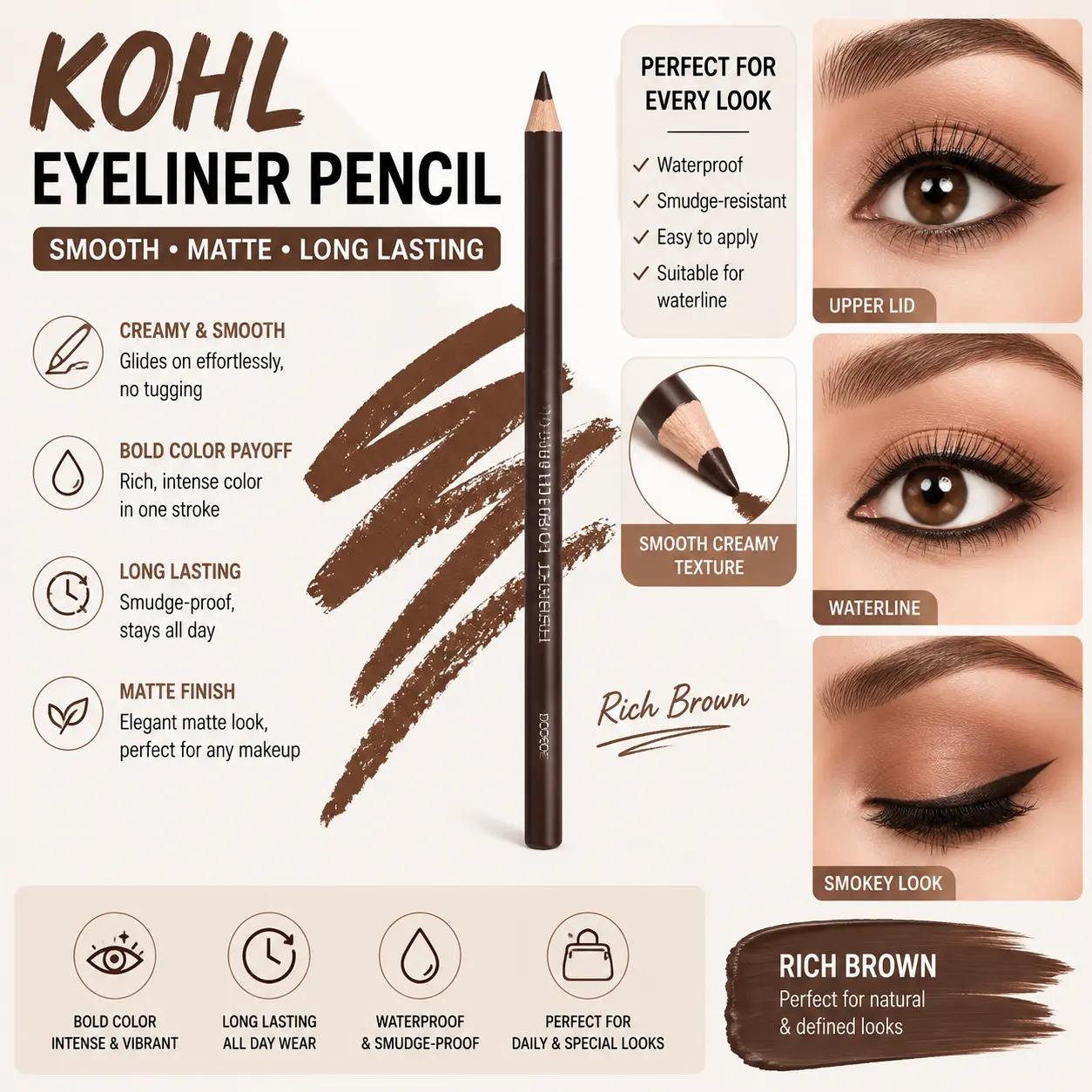 Kohl Eyeliner Pencil - Smooth Creamy, Bold Color, Matte Finish, Long-Lasting Cosmetic Eye Makeup Pencil