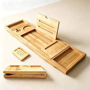 Bath Tray for Tub with Tablet Holder - 41 Inches, Foldable Bamboo Wood Caddy, Non-Slip Pads, Book Stand, Adjustable Bathroom Organizer, Spa Accessories for Couples, Relaxation Gift, Expandable Bathtub Tray