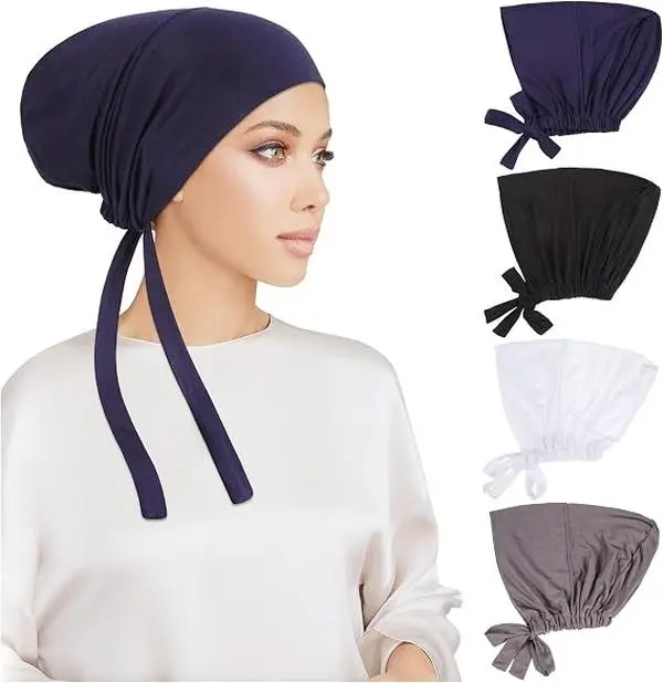 4 Packs Women Hijab Undercap, Islamic Muslim Under Hijab Cap Inner Under Scarf Hat Turban with Tie Back Closure Great for Matching Your Outfit and Head Scarf