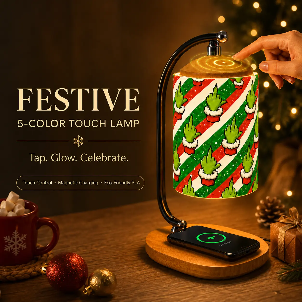 CXTVOVZSSY Funny Grinch Hand Christmas PLA Touch Lamp, eco-friendly biodegradable, deformation-resistant shade, 5-color light, wooden base with magnetic wireless charging, ideal as a holiday/Christmas gift for the bedroom or birthdays