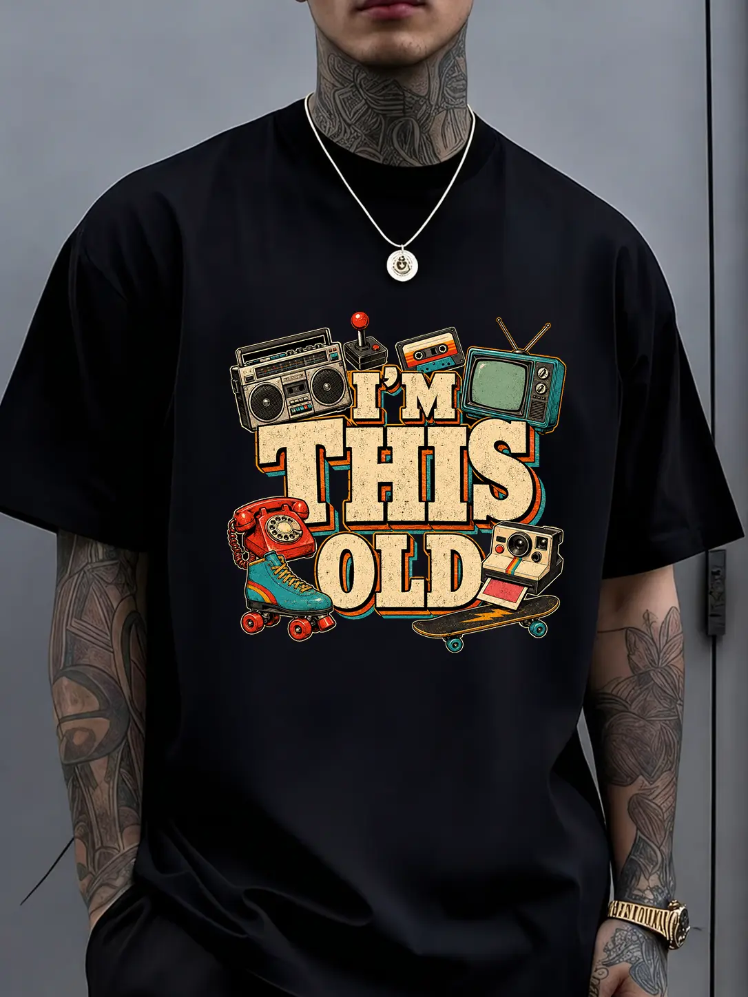 I’M THIS OLD Cotton Graphic T-Shirt for Men and Women, Retro 80s and 90s Nostalgia Tee with Boombox, CRT TV and Cassette