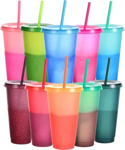 Color Changing Cups, Bulk Tumblers with Lids and Straws, 10 Pack of Reusable Plastic Cups, Kids & Adult Friendly, 24oz Smoothie Travel Cup (Rainbow, 10 Packs)