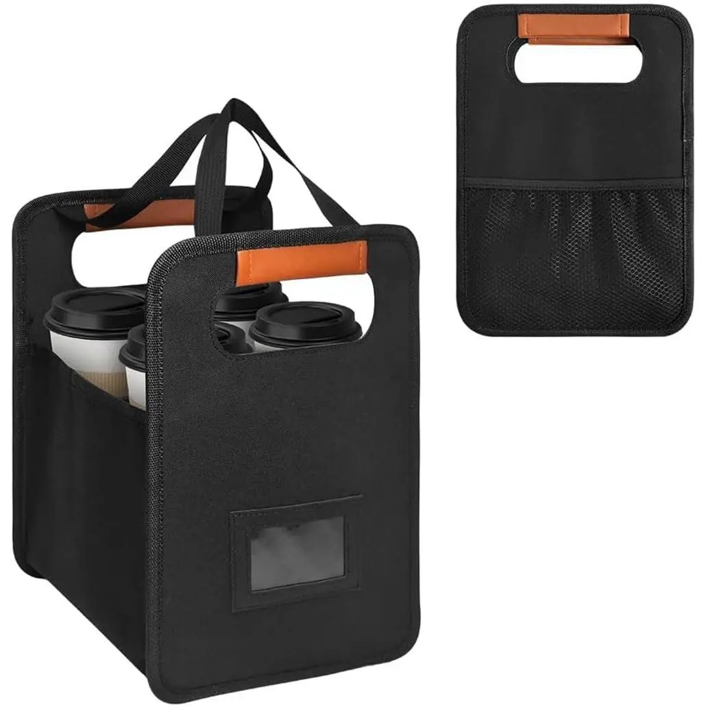 Portable 4 Cup Drink Carrier with Handle for ,  Insulated Coffee Cup Carrier for Delivery, Foldable Drink  for Hot & Cold Drinks (Black-2)