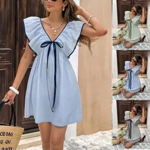 2026 Summer Women's Striped V-Neck Ruffle Flutter Sleeve Dress | Fashion Casual Boho Beach Dress