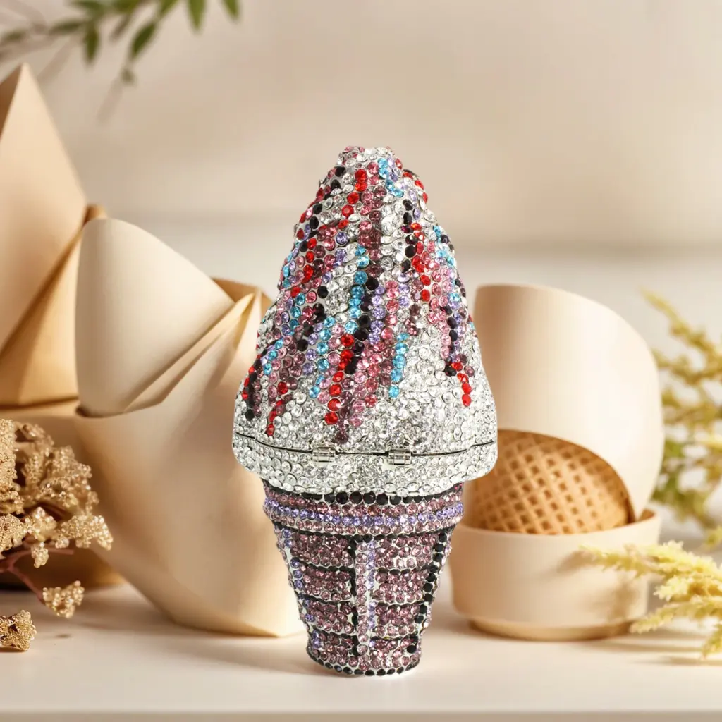 Women's Sparkling Rhinestone Ice Cream Clutch Purse - Magnetic, Metal Frame, Removable Chain, Party-Ready Evening Handbag for Wedding Cocktail Events