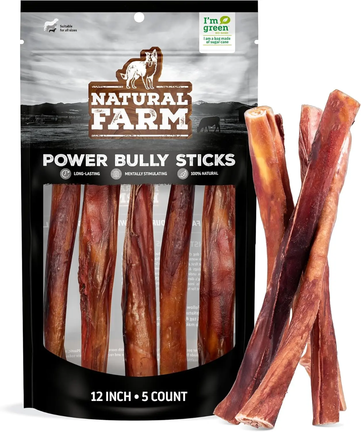 Natural Farm 12-in Power Bully Sticks 12-Pack - Award-Winning Rawhide-Free Dog Treats, All-Natural Beef Cheek Muscle & Pizzle Sheath, Long-Lasting, High Protein Snacks, Collagen-Packed