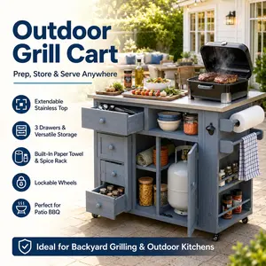 Outdoor Kitchen Island Grill Table Kitchen Cart Gray Solid Wood Extendable 19.3 to 28 in Stainless Steel Top with Side Spice Rack Drawers Storage Cabinet for Backyard BBQ Party Patio Prep Station