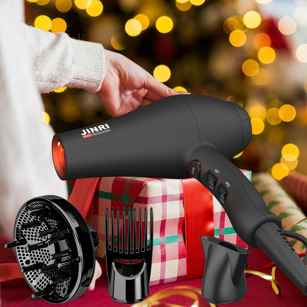 JINRI Hair Dryer, 1875W, 3 Heat & 2 Speed, with Diffuser, with Concentrator, Detachable Air Intake, Ionic Technology & Infrared - Black, Hanging Strap, Non-Foldable tiktokshopbacktoschool