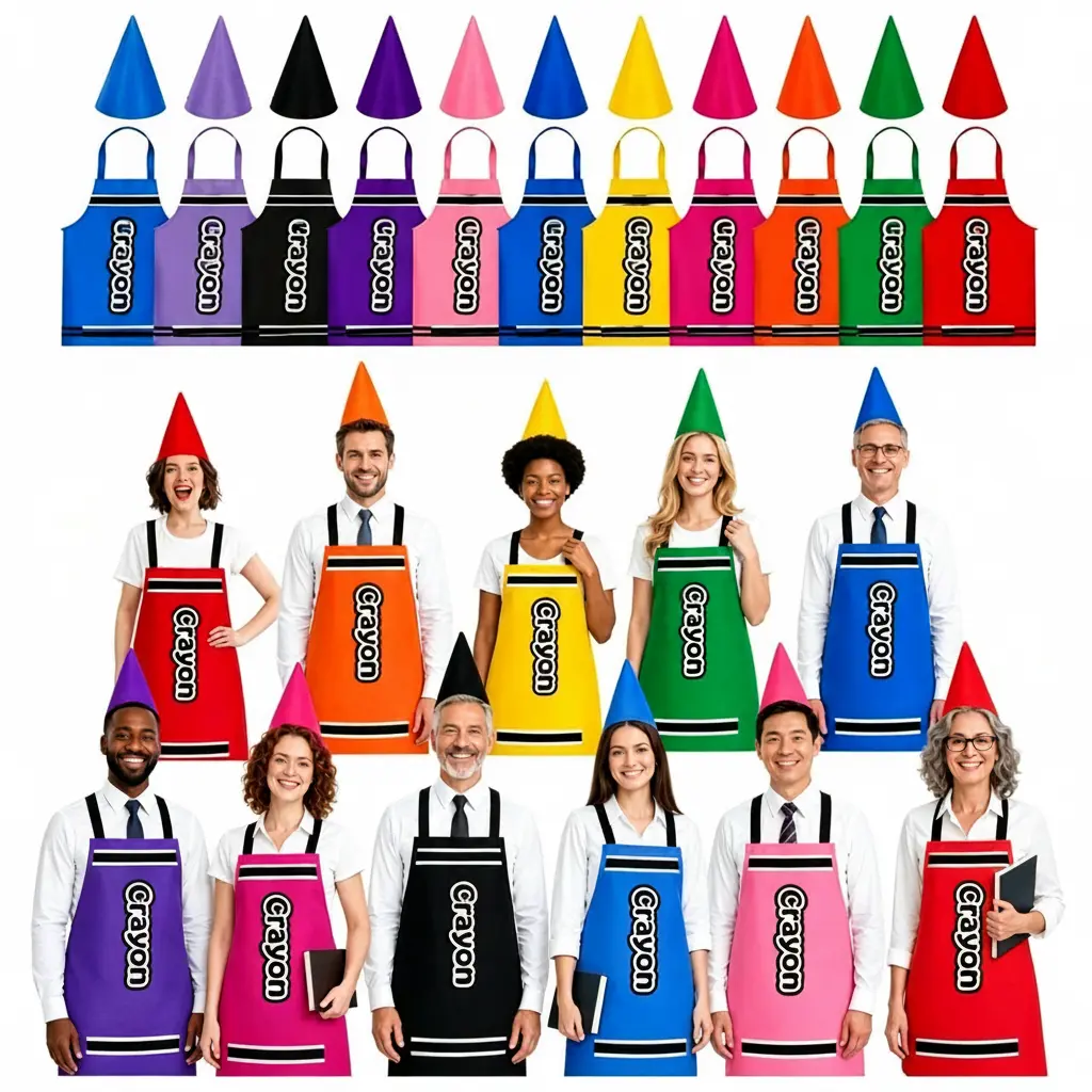 Halloween Teacher Crayon Costume Set for Back to School Class, Colorful Apron & Gnome Cone Hat for Book Character Day Spirit Week, Group Costume Creative Gift for Family Woman Men Bestie Cosplay Outfit for Halloween Party Trunk or Treat  Photo Props, Prin