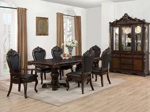 FM3261CH-T-7PC Manzaneta Dark Cherry Finish Wood Double Pedestal Carved Accents Dining Table Set
