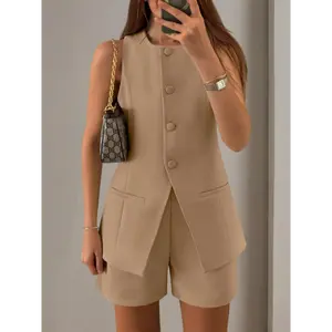 2025Women's  Summer 2pcs Short Sets Sleeveless Crew Neck Suit Vest Tops High Waist Shorts Business Outfits Clothes Collar Womenswear Bottom Crewneck Casual rave outfits rodeo outfits women Pants Fabric Gamis Trouser White