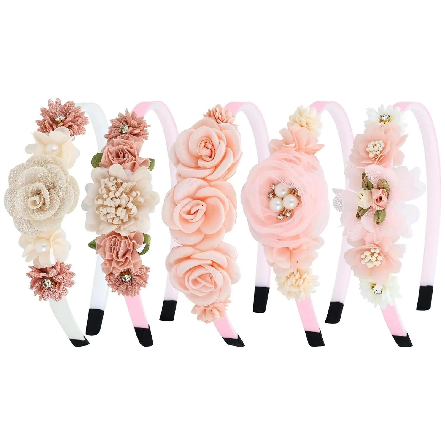L-HDW016 5 Pieces Beige Pink Plastic Flower Headbands Floral Hair Bands Hoops Accessories for Baby Girls Toddlers Kids Teens