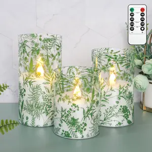 Impress Life Flameless Candles with Remote, 3PC Battery Operated LED Flickering Glass Candles, Real Wax Leaves Candles for Spring Decor