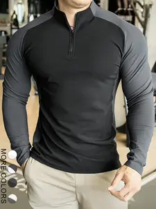 Men's Colorblock Half Zip Mock Neck Tee, Regular Fit Casual Long Sleeve T-shirt for Gym Workout, Men's Top for Spring & Fall Athletic Shirt Gym Workout Tops, Gym Shirts