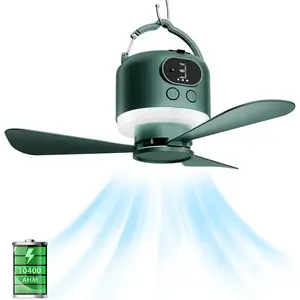 Portable Camping Ceiling Fan with Light and Remote, 10040mAh  Operated Tent Fan, USB Rechargeable  Fan, 3-Speed Fan & Power  for Camping, RV, Outdoor Use (Green)