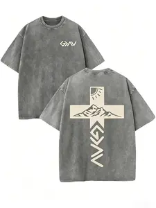 Retro Washed T-Shirt Double Sided Printed 230 Pure Cotton 'God Is Greater Than Our Highs And Lows' Letter Print Christian Gift Men's Casual Comfortable Fashionable Street Style Cotton washed pure cotton Tshirt  cotton