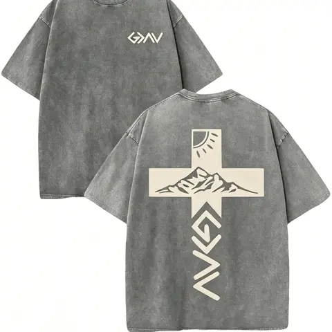 Retro Washed T-Shirt Double Sided Printed 230 Pure Cotton 'God Is Greater Than Our Highs And Lows' Letter Print Christian Gift Men's Casual Comfortable Fashionable Street Style Cotton washed pure cotton Tshirt  cotton Streetwear Crewneck Menswear Top