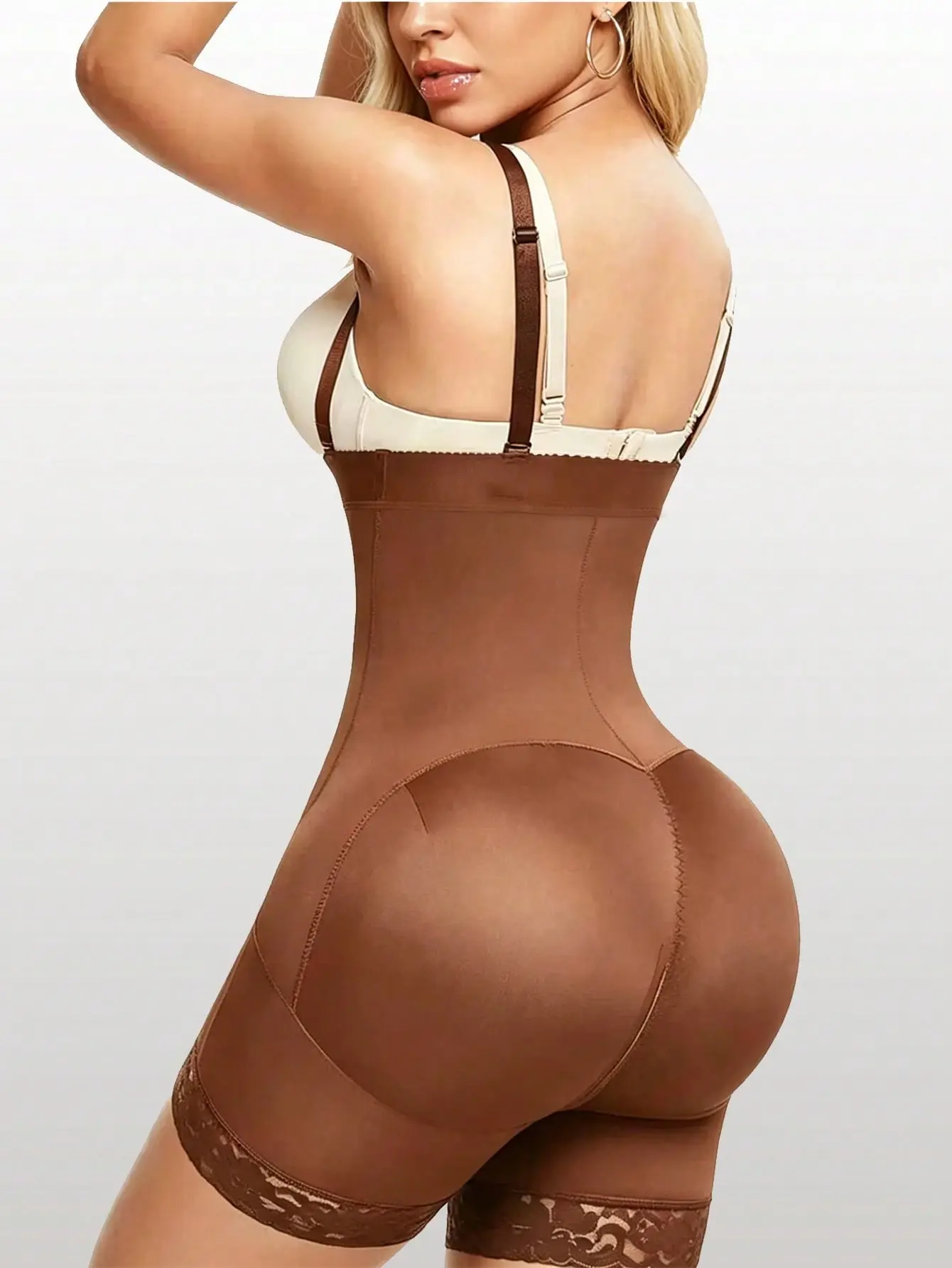 SHAPEGUY Butt Lifter Shapewear Bodysuit With Zipper Crotch Lace Waist Trainer Pants Tummy Control Body Shaper Girdle