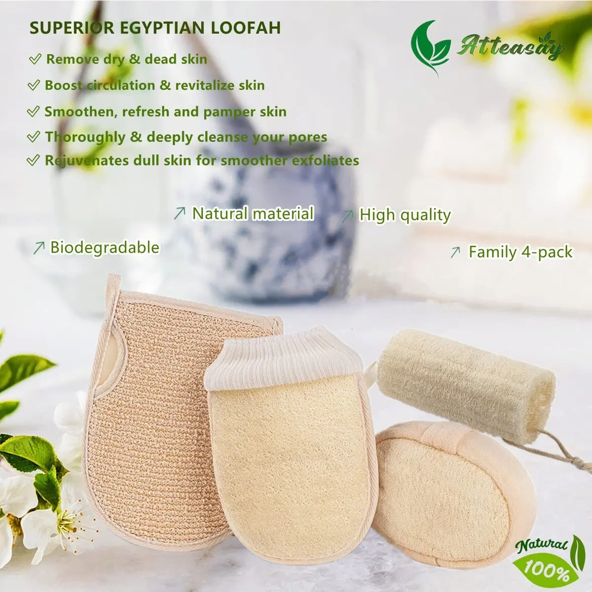 4Packs Natural Loofah Pads Set Back Scrubber for Shower