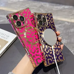 Luxury Leopard Print Shiny Square Edge Phone Case, Compatible with iPhone 16 15 14 13 Pro Max, Magnetic Wireless Charging Protection, Accessories