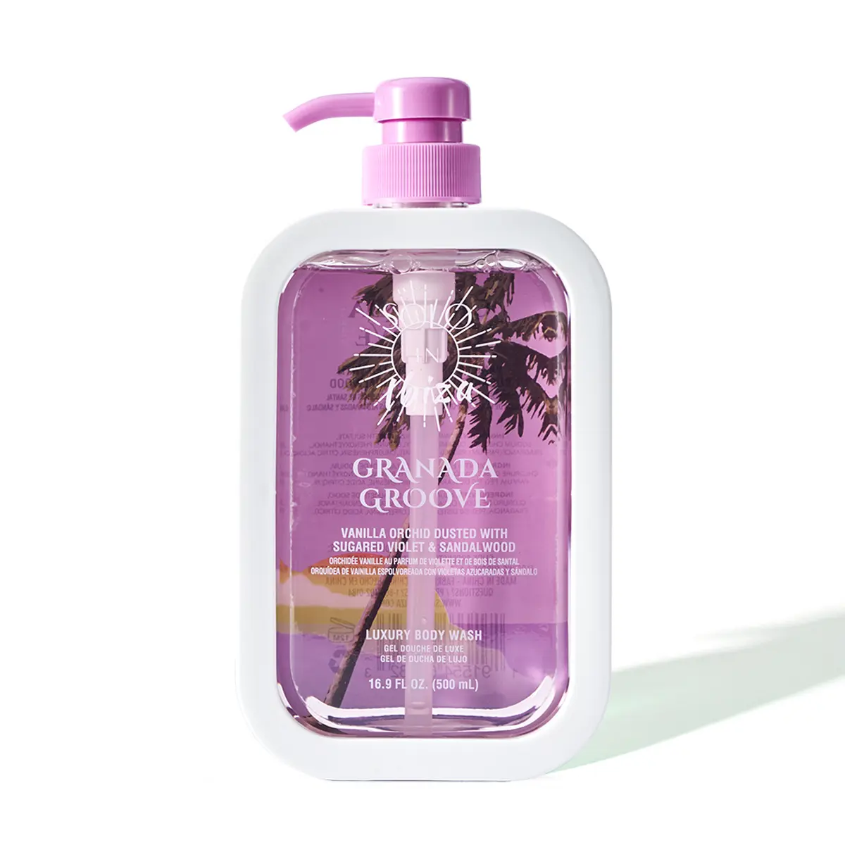 SOLO EN IBIZA Granada Groove Unisex Body Wash with Vegan Squalane, Moisture-Boosting Plant-Based Cleanser with Plum & Sandalwood Scent, Cruelty & Aluminum Free, 16.9 fl oz, Smelling Good, Acne Treatment