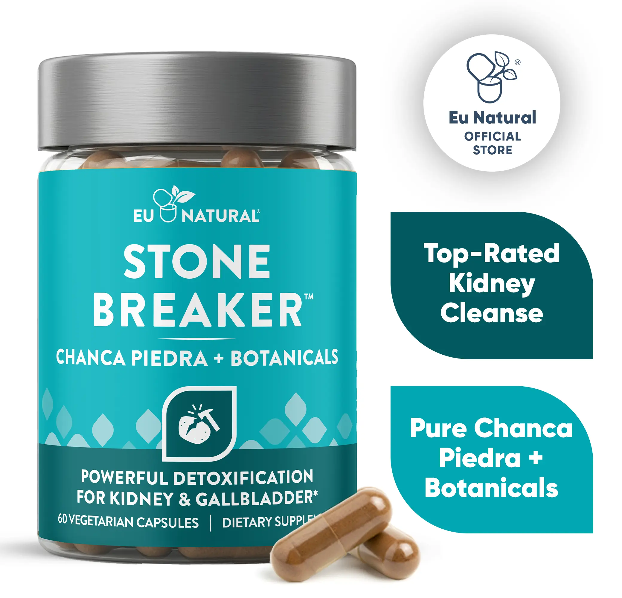Eu Natural STONE BREAKER Kidney & Gallbladder Cleanse - 60 Vegetarian Capsules for Powerful Detoxification with Chanca Piedra & Botanicals Plant Based Supplement Vegan Dietary Supplement