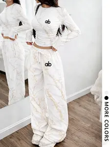 Women's Casual Youthful Style Set, Womenswear, Slim Fit Round Neck Long Sleeve Top, Straight Leg Pants, Fashion Tree Pattern, Perfect for Daily Wear