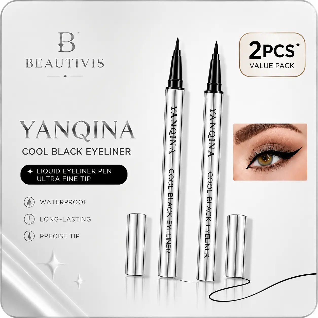 【Beautivis】2PCS Waterproof Liquid Eyeliner Pen, Ultra Fine Tip, Smudge Proof, Long Lasting, Quick Dry Black Eyeliner for Cat Eye & Everyday Makeup