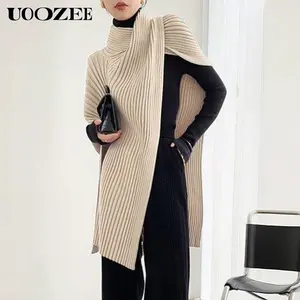 UOOZEE Women's  2025 New Fashion Autumn Winter High Neck Sweater Solid Color No Belt Turtleneck Pullovers Loose Asymmetric Split-Joint Casual Female Tops Great Elasticity Knitwear Womenswear Outfits