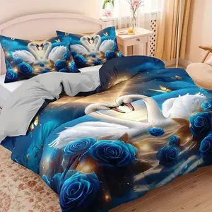 3-Piece Elegant Blue Swan & Rose Print Decorative Bedding Set (1 Fitted Sheet + 2 Pillowcases), Soft Polyester, Home Decor