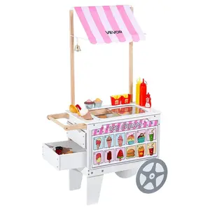 VEVOR Ice Cream Cart for Kids, 20+ PCS Accessories, Pretend Play Ice Cream Shop Kitchen Food Toys with Ice Cream Cone Popsicle, Awning Freezer, Storage Drawers Flipping Menus, For Kids Aged 3-7