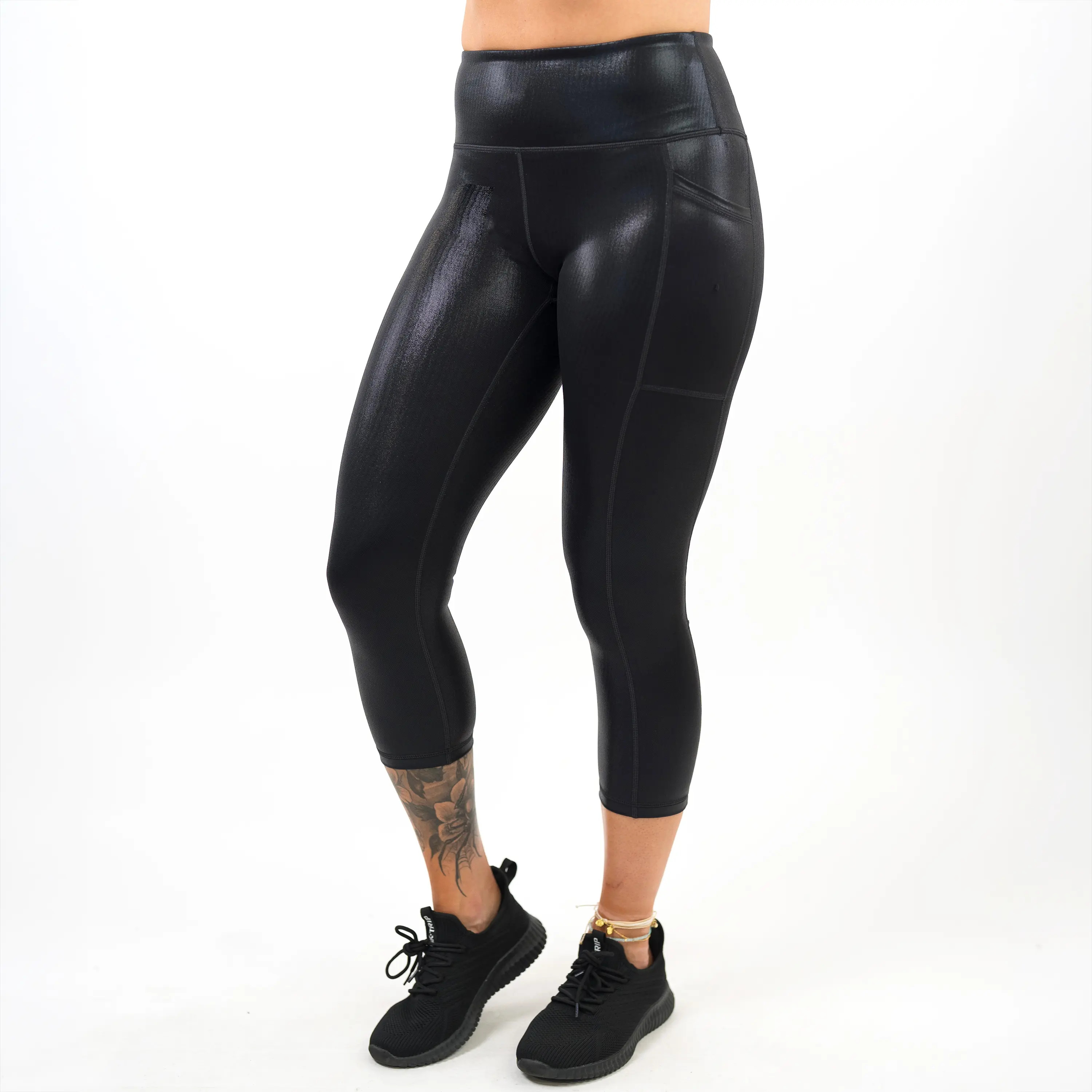 C V G Women's Soft Faux Leather Leggings, High Waist with Supportive Compression and Pockets, Polyester Spandex Fabric