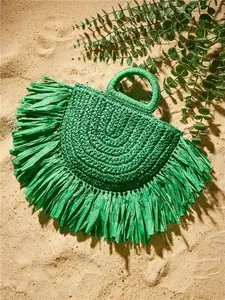 Women's Green Fringed Straw Bag with Double Handles Fashionable Elegant Simple Personality for Beach Vacation Holiday Summer Seaside Green