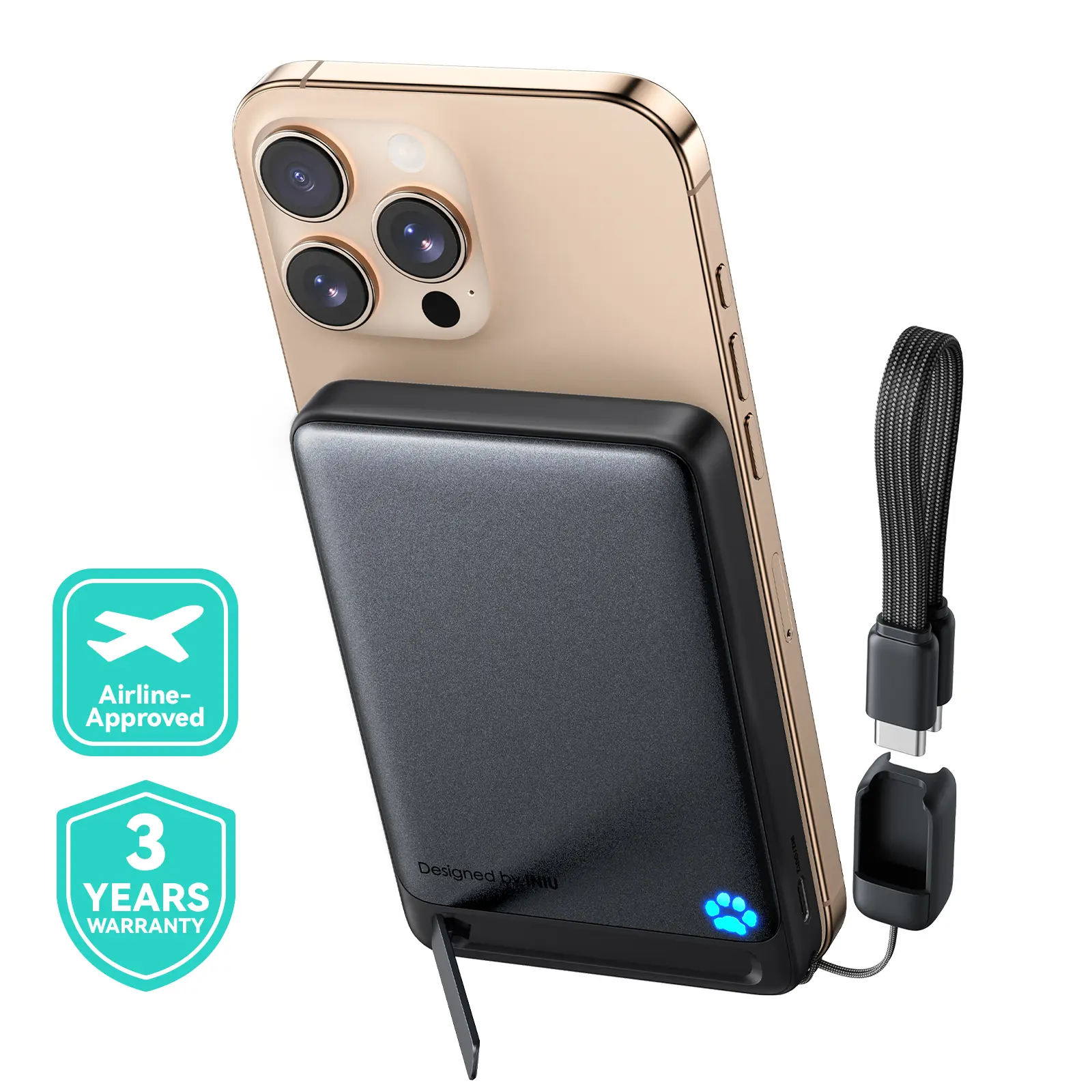 INIU MagFino Qi2 Certified 15W 10000mAh Magnetic Charging Device Power Bank, Ultra Slim Pocket Size Metal Power Bank with 45W Fast Charging, Built-In Foldable Stand, Detachable Lanyard USB-C Cable, Magsafe Portable Powerbank for iPhone 17-12 Series, Pocke