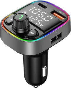 Bluetooth.Bluetooth Car Adapter, FM Transmitter with QC./TypeC W Fast Charging, Dual LED Display, HiFi Bass, Handsfree Calls/Audio Transmitter, TF/USB Music Player, Color Backlit