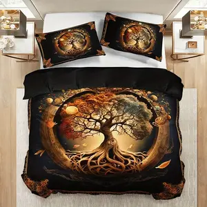 Life Tree Pattern Printed Bedding Set, Soft Breathable Polyester Fabric, All-Season Use, Bedroom & Guest Room Decor, Breathable Duvet Set