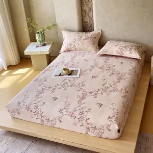 3-Piece Twin Queen Size BED Sheet set , Decorative Bedsheet Sets, Soft Bedding Sheet, Soft Breathable Linen Like Fabric with Elegant Leaves Bird Pattern, Includes Fitted Sheet & 2 Pillowcases