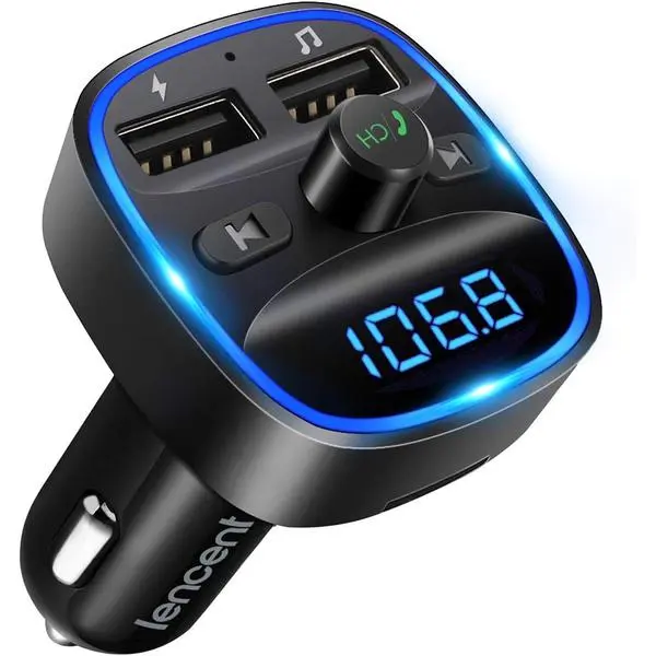 LENCENT FM Transmitter, Bluetooth FM Transmitter Wireless Radio Adapter Car Kit with Dual USB Charging, Audio Receiver Car Charger MP3 Player, Support Hands-Free Calling, TF Card & USB Disk