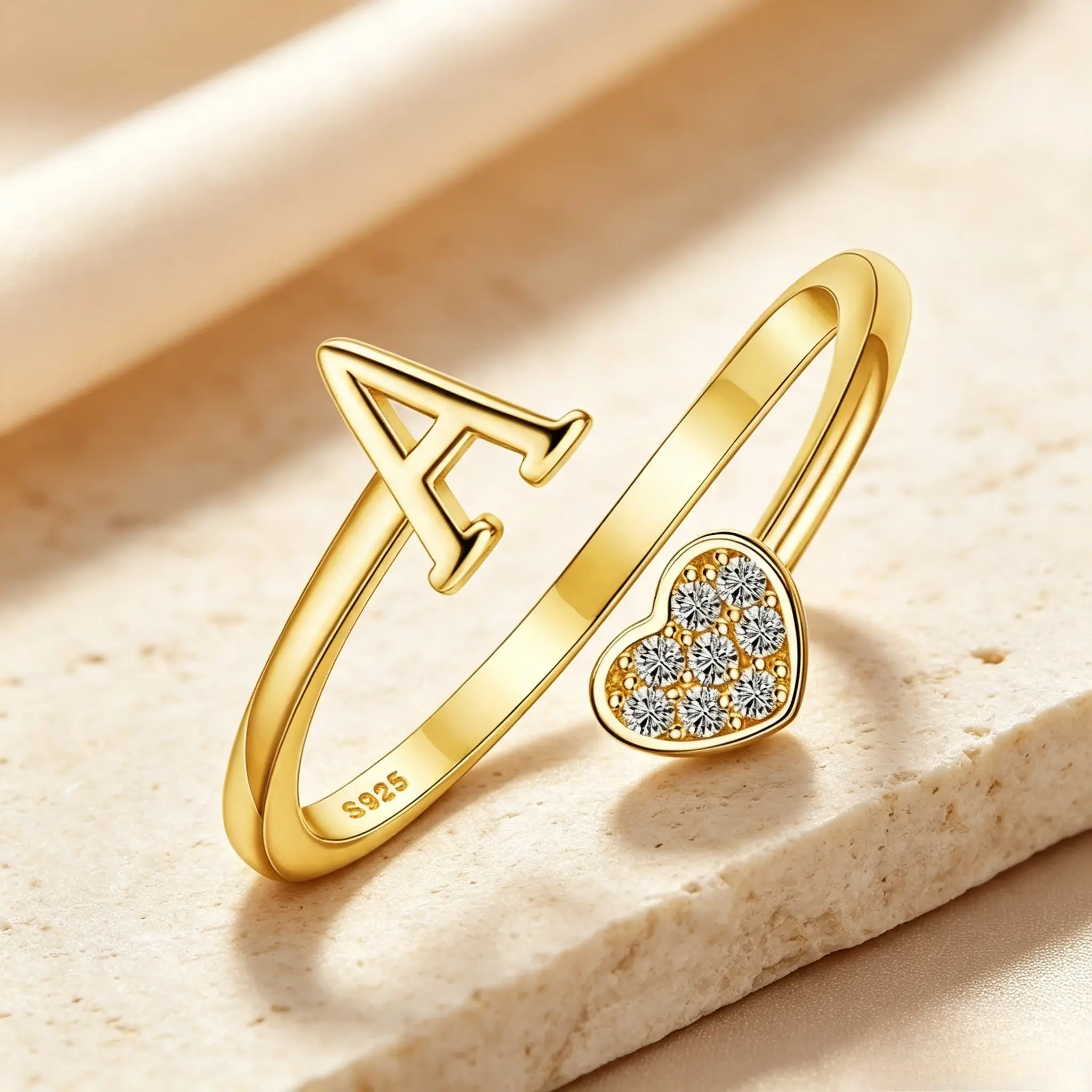 Milacolato 925 Sterling Silver Heart-Shaped Alphabet Ring, Adjustable Initial Ring for Women, Dainty Stacking Cubic Zirconia Ring, Letter A-Z, Fashion Jewelry, Birthday Engagement Wedding Anniversary Gift for Her