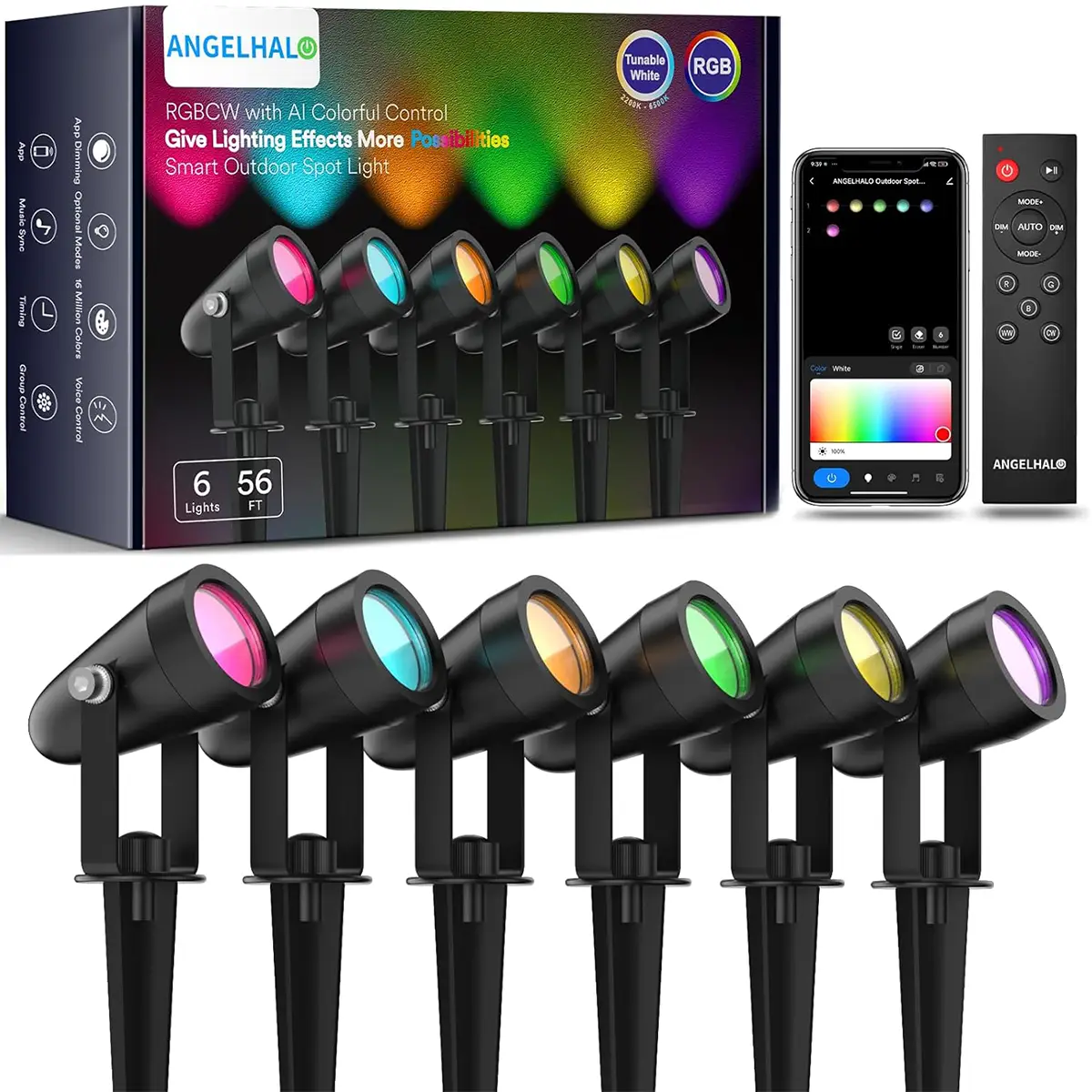 Angelhalo Landscape Spotlights, Smart Outdoor Spotlights IP65 Waterproof, WiFi Low Voltage Color Changing Outdoor Lights for Yard Garden Pathway Lawn,