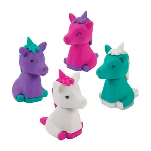 1 1/2" 3D Assorted Colors Unicorn-Shaped Rubber Erasers - 24 Pc.