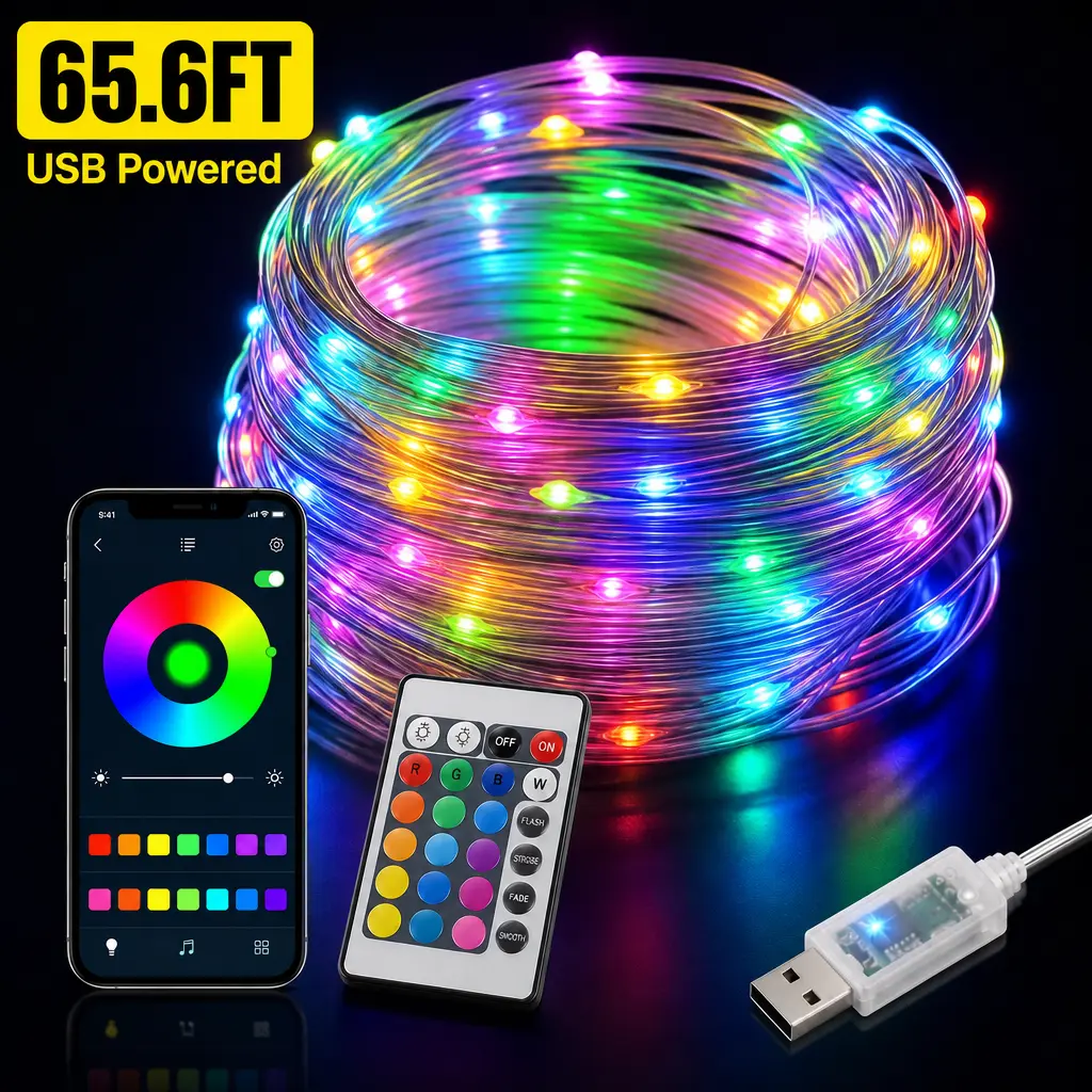 65.6FT Aesthetic Room Decor LED String Lights, RGB Music Sync Fairy Lights with App & Remote, Waterproof USB Smart Lights for Bedroom lights outdoor