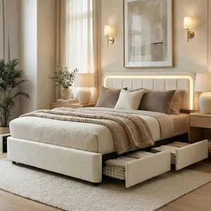 Yechen Cloud Queen Bed Frame with Storage, Boucle Upholstered Bed Frame with LED Light and 4 Drawers, Soft Rounded Corners, Adjustable Headboard, No Box Spring Required, Easy Assembly, Beige (Full, Queen, King)