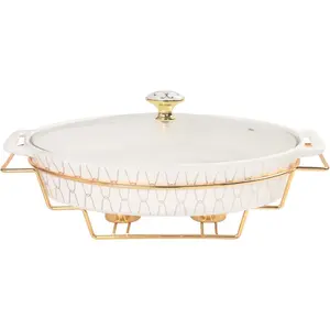 10" x 7" Ceramic Oval Casserole Dish with Glass Lid and  rack, 30 ounce Serving Soup Tureen,Chafing Dish for Buffet, Family  preserve Tray, Catering Casserole for Party Style