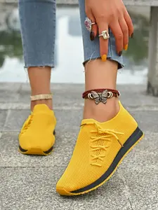 Women's Bright Flyknit Sports Shoes, Breathable Mesh Upper, Lightweight Soft Sole, Slip-On Casual Sneakers for Daily Wear, Casual Sporty Sneakers, Casual Athletic Sneakers