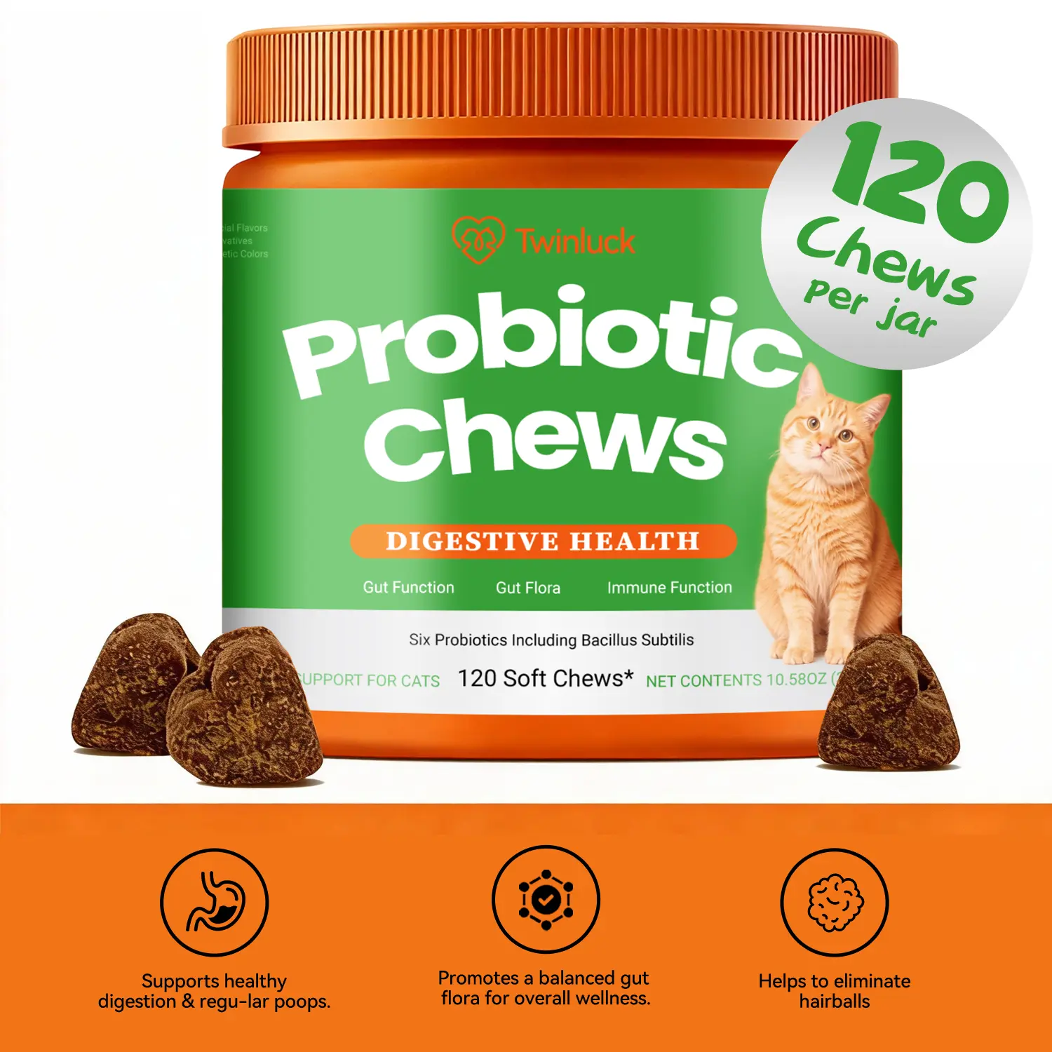 Natural Cat Probiotic Chew Treats - 120 Chicken Flavor Soft Chews with Probiotic Blend & Flaxseed and Pea Powder, Promotes Balanced Gut Flora, Boosts Immune Function, Eases Digestive Issues & Hairballs, Supports Skin & Coat Health