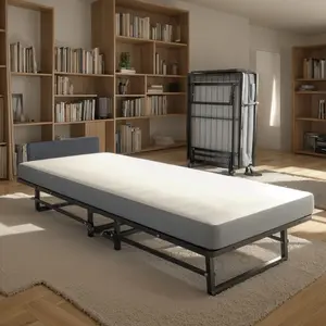 Metal Folding Bed Frame Pocket Spring Foam Mattress 4 Movable Castors Easy Storage Space-Saving Design for Home & Dorm Portable Supportive