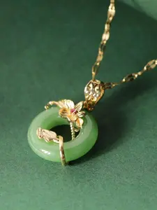 Green Jade Lotus Leaf Pendant Necklace & Flower Ring Set – Elegant Micro-Pavé Jewelry for Women