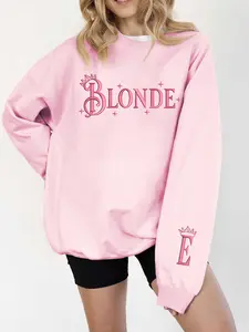 Women's Oversized Bright Pink "BLONDE" Crown-Themed Sweatshirt, Long Sleeve – Relaxed Fit Pullover with Front "BLONDE" Print, Sleeve Crown Letter "E" Detail, Soft Fabric Multi-Scene Wear