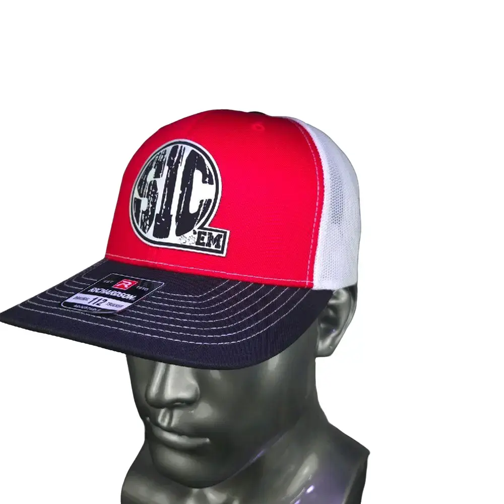SIC ’EM Trucker Hat Richardson 112 Snapback Red Black & White Mesh Cap for Bold Casual Looks
